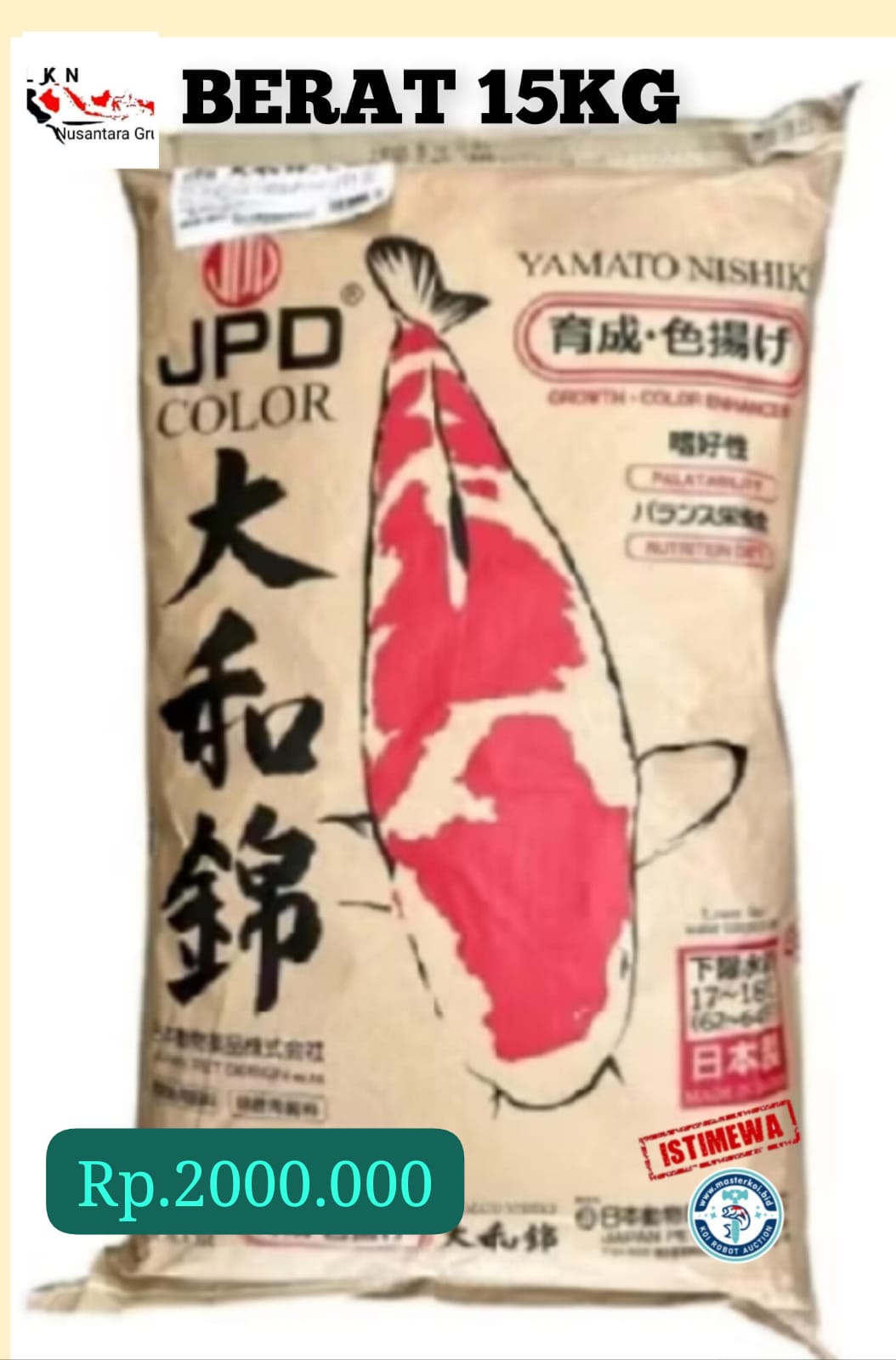 PAKAN KOI IMPORT JAPAN ORIGINAL JPD COLOR BERAT 15KG ISTIMEWA FLOATING L LARGE 5cm
