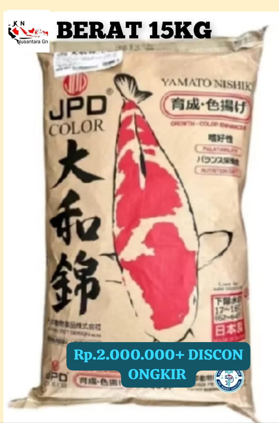 DESKRIPSI PAKAN KOI IMPORT JAPAN ORIGINAL JPD GROWTH DAN COLOR BERAT 15KG ISTIMEWA FLOATING L PEMBAYARAN WAJIB DI INVOICE ADMIN 5cm