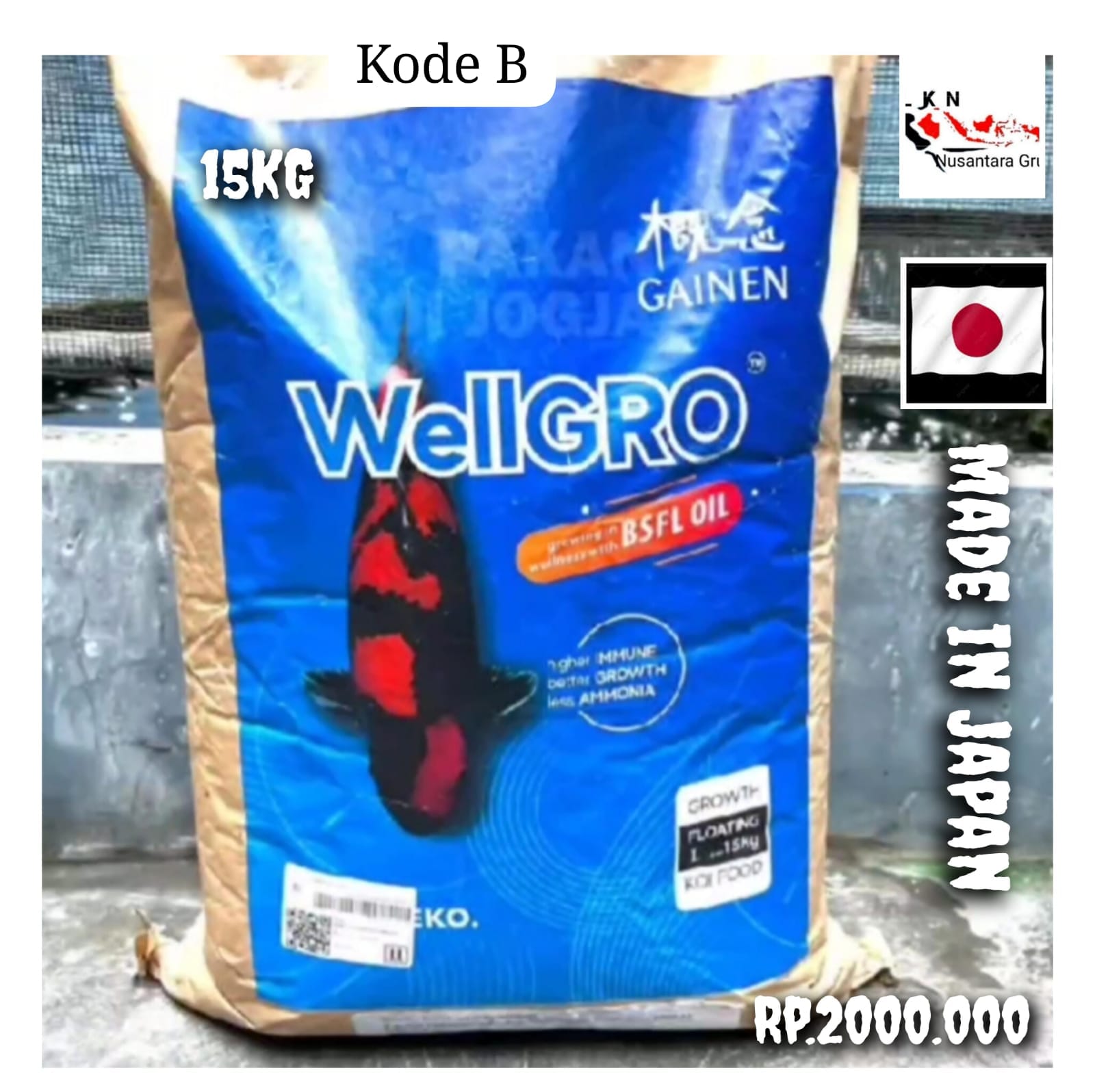 PAKAN KOI IMPORT JAPAN WELLGRO GAINEN BSFK OIL BERAT 1 KARUNG 15KG ISTIMEWA TERBAIK DI KELASNYA PEMBAYARAN WAJIB DI INVOICE ADMIN 50cm
